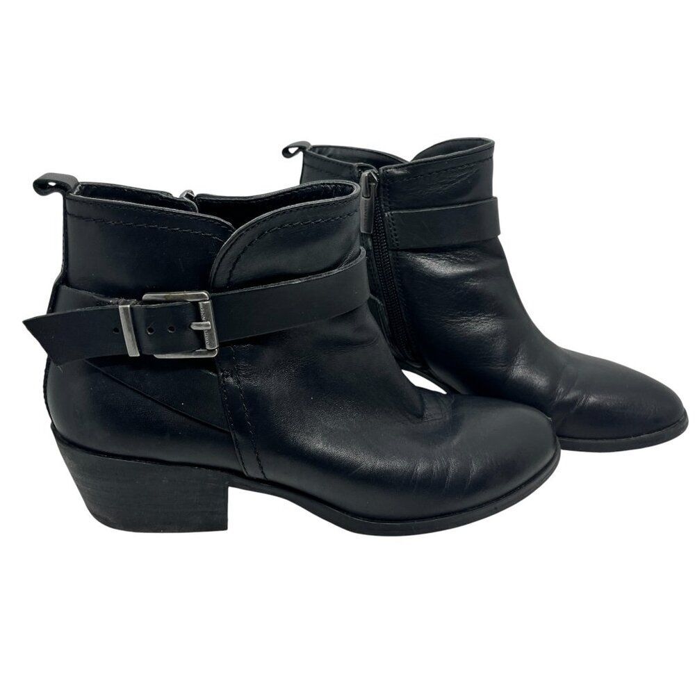 Vince Camuto Boots Ankle Leather Black Bock Heel Buckle Strap Zip Womens 7